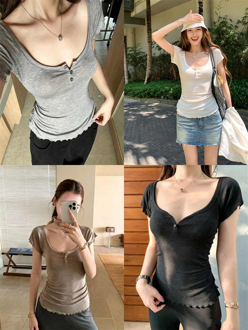 원본 원단 순수한 욕망 바람 커피 색상 u 칼라 프릴 반팔 티셔츠 여름 몸매 가꾸기 슬림해 보이는 쇼트 스타일 맨위