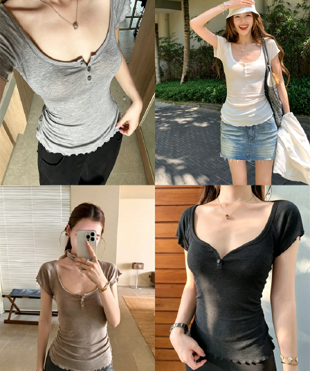 순수한 욕망 바람 커피 색상 u 칼라 프릴 반팔 티셔츠 여름 몸매 가꾸기 슬림해 보이는 쇼트 스타일 맨위