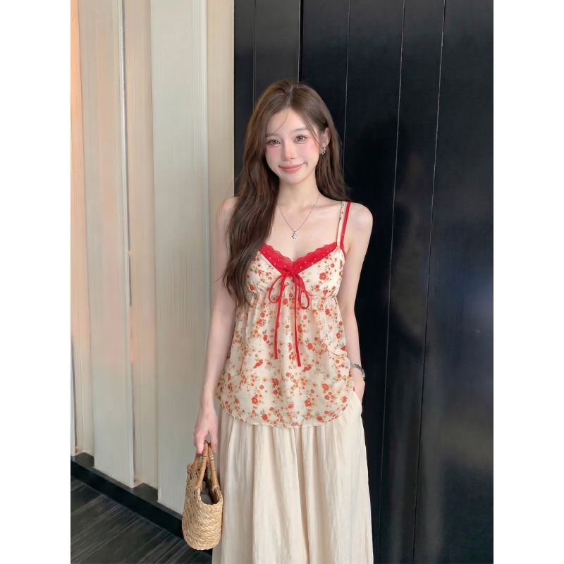 원본 품질 한국 스타일 V넥 페이크 레이어드 한 부서 느긋한 캐미솔 달콤한 스타일 꽃무늬 맨위