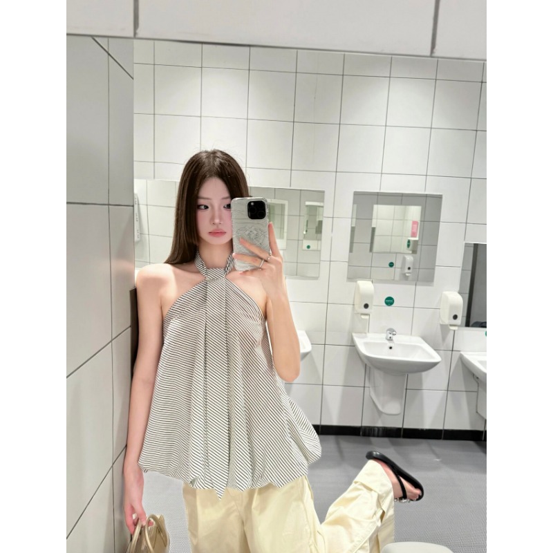디자인 센스 스트라이프 넥타이 행침 목 조끼 여성 여름 Chic 슬림해 보이는 다용도 오프숄더 핫걸 작은 대중 맨위