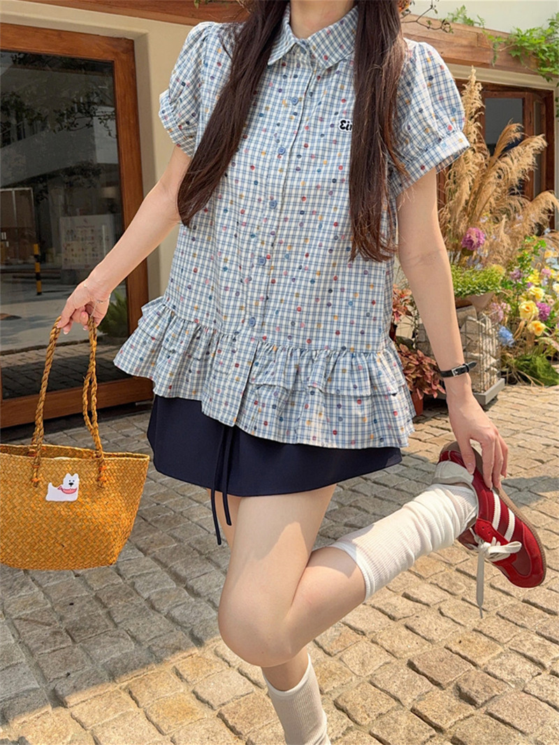 한 부서 레트로 파란색 체크무늬 반팔 여성 셔츠 여름 루즈핏 학원 스타일 허리 수축 폴로 칼라 셔츠 맨위