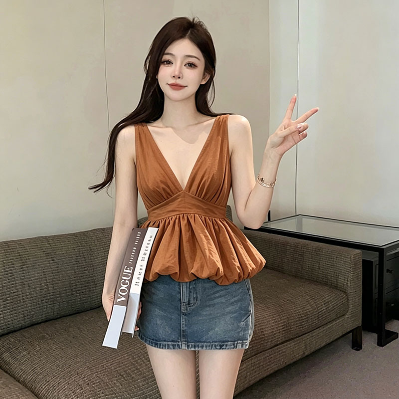 정가 꽃밭 캐미솔 여름 순수한 욕망 핫걸 V넥 행침 목 퍼프 맨위 품격 작은 셔츠