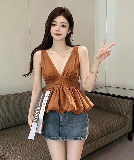 꽃밭 캐미솔 여름 순수한 욕망 핫걸 V넥 행침 목 퍼프 맨위 품격 작은 셔츠