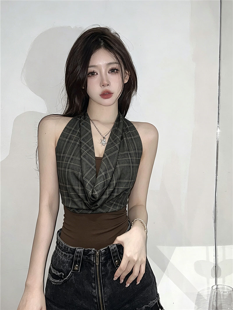 아메리칸 레트로 체크무늬 패치워크 흔들다 칼라 행침 목 캐미솔 여름 새로운 핫걸 민소매 몸매 가꾸기 맨위