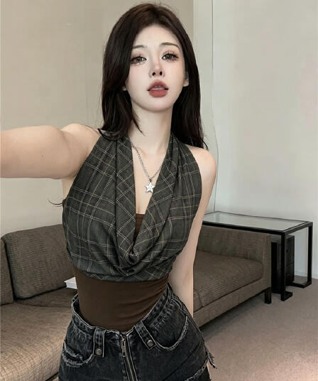 아메리칸 흔들다 칼라 체크무늬 패치워크 캐미솔 외출용 여름 태국 사람 스타일 작은 대중 달콤한 핫걸 V넥 행침 목 맨위