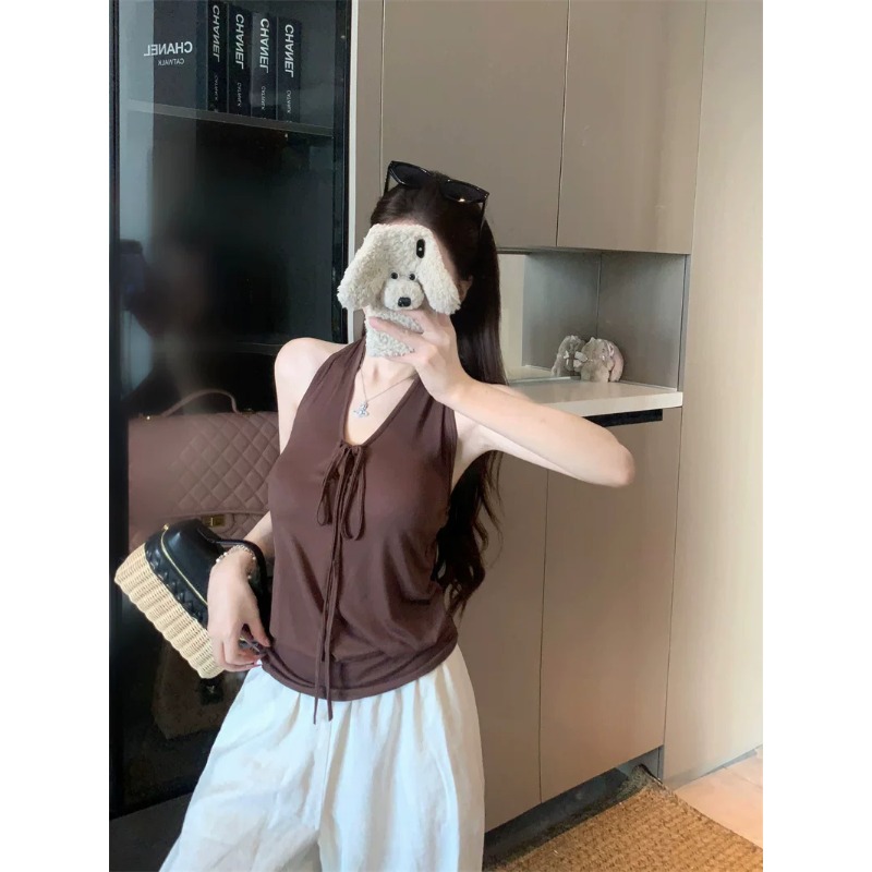 원본 것 사람들 면 태국 사람 스타일 V넥 레이스업 조끼 외출용 새로운 백리스 몸매 가꾸기 민소매 맨위