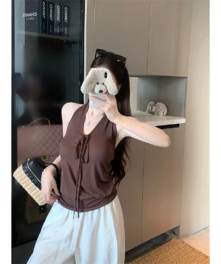 원본 것 사람들 면 태국 사람 스타일 V넥 레이스업 조끼 외출용 새로운 백리스 몸매 가꾸기 민소매 맨위