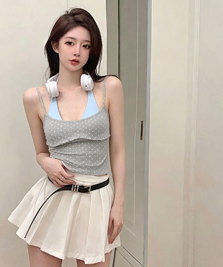 정가 한 부서 달콤한 핫걸 바람 행침 목 도트 무늬 캐미솔 여름 핫걸 패치워크 페이크 레이어드 짧은 맨위