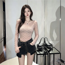 批发晨领性感辣妹透视镂空修身<b class='q'>长袖</b>网纱<b class='q'>T</b><b class='q'>恤</b>女设计感薄款防晒罩衫上衣