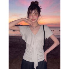 批发晨领人棉260克设计感V领荷叶边夏<b class='q'>不规则</b>飘带收腰显瘦辣妹上衣