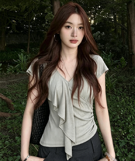 사람들 면 260 그램 디자인 V넥 프릴 반팔 티셔츠 여름 착용 가져 가라. 새로운 허리 수축 슬림해 보이는 맨위