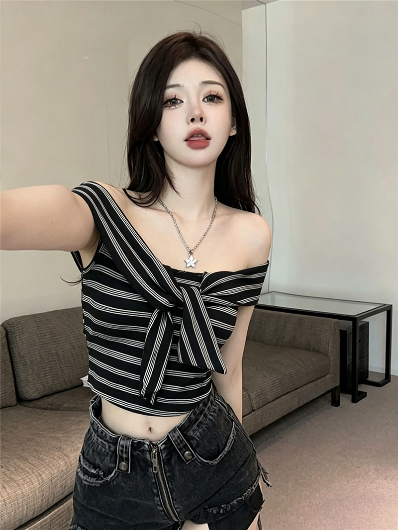 원본 것 순수한 코튼 기사 한국 스타일 기타 착용 비틀림 오프숄더 스트라이프 몸매 가꾸기 반팔 t 맨위
