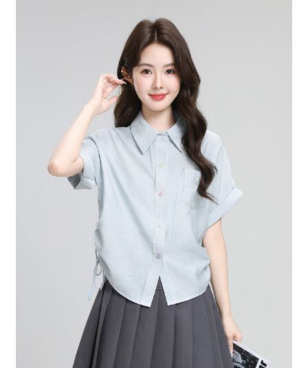 파란색 POLO 칼라 반팔 셔츠 디자인 펌프 로프 스트랩 꼬집기 허리 위로 의류