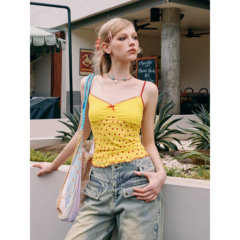 달콤한 스타일 망사 하트 프린트 캐미솔 여름 새로운 나비 매듭 슬립 작은 대중 맨위 서비스