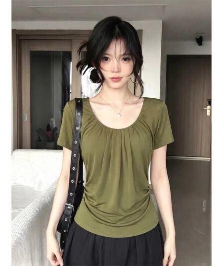 한 부서 주름 u 칼라 반팔 티셔츠 수신 Pleat 핫걸 몸매 가꾸기 디스플레이 얇고 작은 맨위