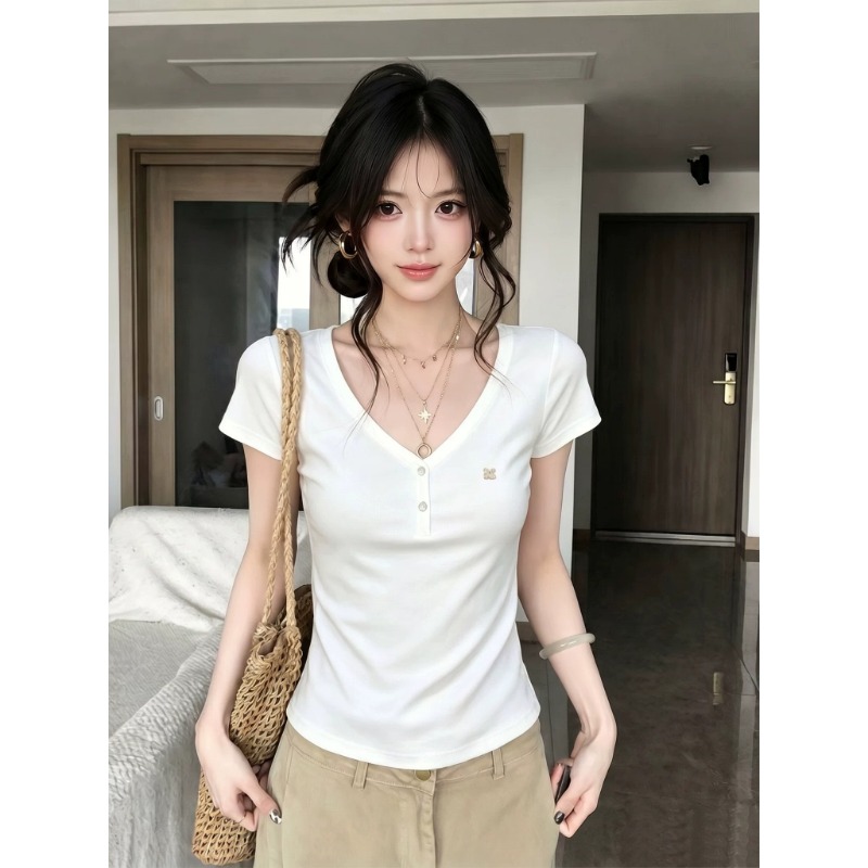 260 그램 1 1 인 면 한 부서 화이트 V넥 반팔 티셔츠 여름 몸매 가꾸기 슬림해 보이는 단추 다용도 맨위