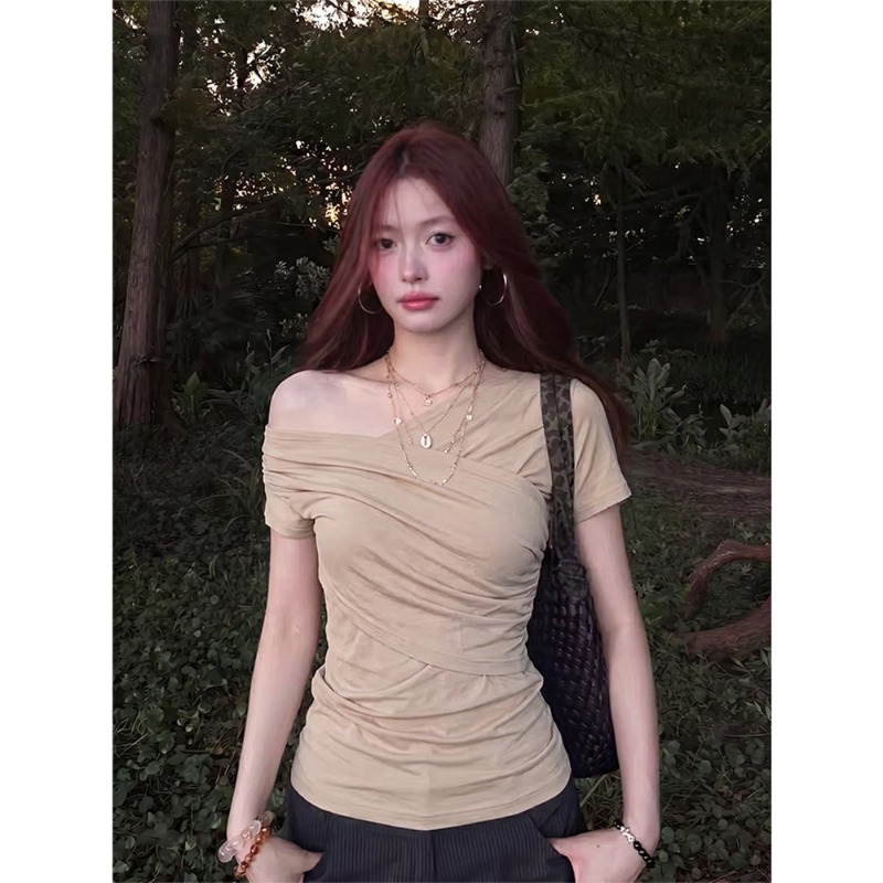 한 부서 비스듬한 어깨 반팔 티셔츠 여름 빅 사이즈 허리 수축 몸매 가꾸기 슬림해 보이는 오프숄더 작은 대중 맨위