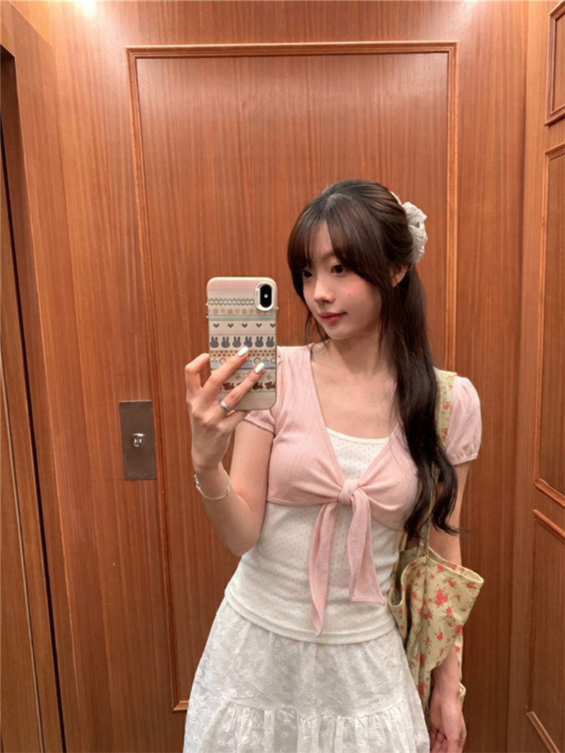 260 그램 1 1 인 면 한 부서 페이크 레이어드 V넥 도트 무늬 반팔 여름 비틀림 스트랩 긍정적 인 어깨 의류