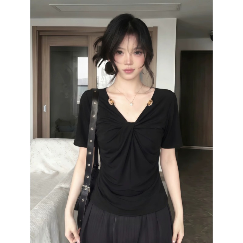 200그램 1 1 인 면 검정색 V넥 비틀림 반팔 티셔츠 여름 디자인 센스 비즈 다용도 맨위