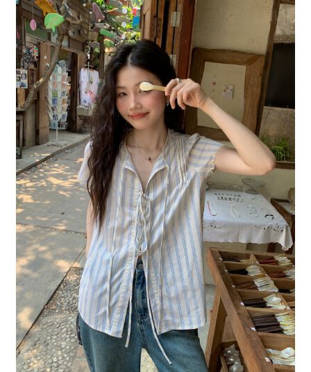 셔틀 제직 기사 스트라이프 반팔 여성 셔츠 여름 자이언트 잘 생긴 레이스업 셔츠 한 부서 여름 작은 셔츠