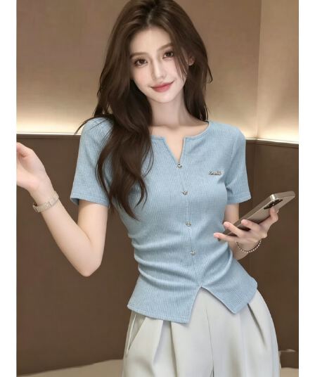 원본 것 파란색 V넥 반팔 티셔츠 여성 여름 불규칙 트임 허리 수축 긍정적 인 어깨 쇼트 스타일 맨위