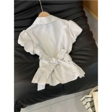 批发晨领【原版做法】少女感条纹泡泡袖衬衫气质蝴蝶结系带收腰衫衬衣