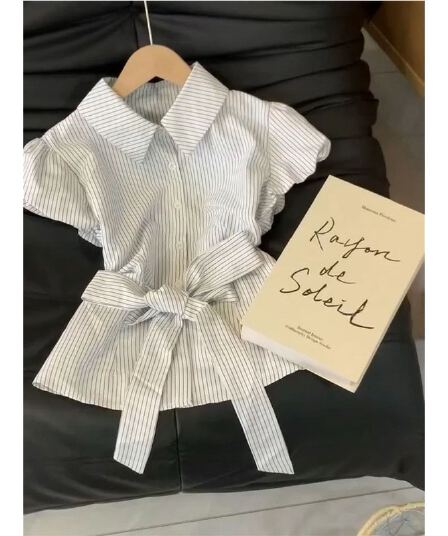 원본 것 한 부서 레트로 스트라이프 반팔 여성 셔츠 여름 POLO 칼라 단추 맨위 허리 수축