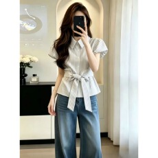批发晨领【原版做法】小众翻领条纹短袖衬衫<b class='q'>夏</b>设计感收腰显瘦绑带上衣