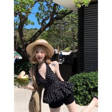 晨领度假风性感美背波点印花挂脖背心夏季辣妹收腰显瘦花苞上衣女