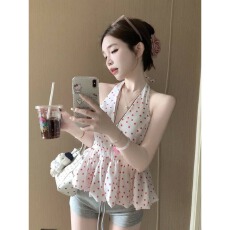 晨领白色波点露背v领挂脖吊带背心夏甜辣妹无袖外穿修身花苞上衣