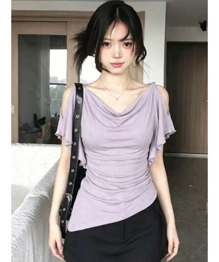 사람들 면 불규칙 흔들다 칼라 프릴 오프숄더 반팔 티셔츠 여름 디자인 센스 빅 사이즈 맨위