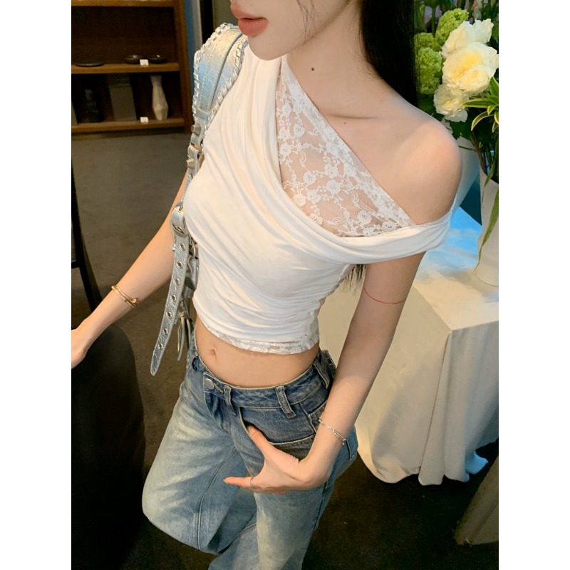 불규칙 핫걸 레이스 조각 섹시함 비스듬한 어깨 티셔츠 여성 고급 센스 여름 로얄 자매 바람 흔들다 칼라 맨위