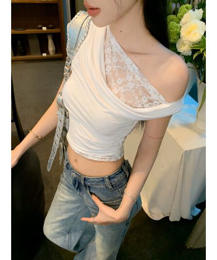 불규칙 핫걸 레이스 조각 섹시함 비스듬한 어깨 티셔츠 여성 고급 센스 여름 로얄 자매 바람 흔들다 칼라 맨위