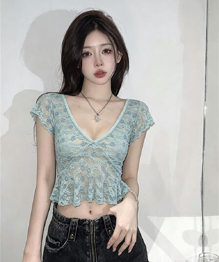 프랑스식 부드러운 바람 슈퍼 잘 생긴 V넥 Feifei 소매 쇼트 스타일 티셔츠 여성 여름 새로운 핫걸 섹시함 레이스 작은 맨위