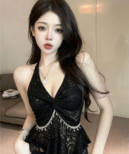 프랑스식 레이스 민소매 행침 목 조끼 여름 새로운 핫걸 허리 수축 외출용 맨위
