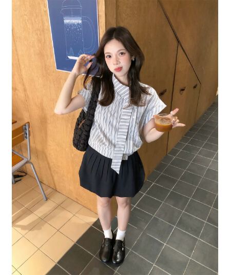 원본 레이스 자카드 원단 한 부서 학원 비스듬한 칼라 리본 반팔 셔츠 불규칙 허리 수축 슬림해 보이는