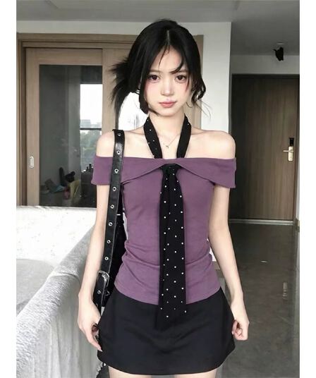 좋은 면 40 회색 오프숄더 반팔 티셔츠 여름 핫걸 몸매 가꾸기 고급 센스 품격 오프숄더 맨위