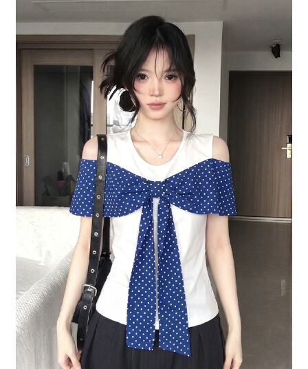 원본 원단 것 화이트 오프숄더 반팔 티셔츠 여름 도트 무늬 나비 매듭 그레이트 봐. 의류