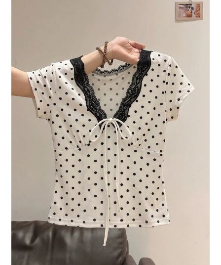 섹시함 도트 무늬 패치워크 레이스 V넥 반팔 티셔츠 여성 여름 섹션 핫걸 레이스업 몸매 가꾸기 슬림해 보이는 반팔 맨위