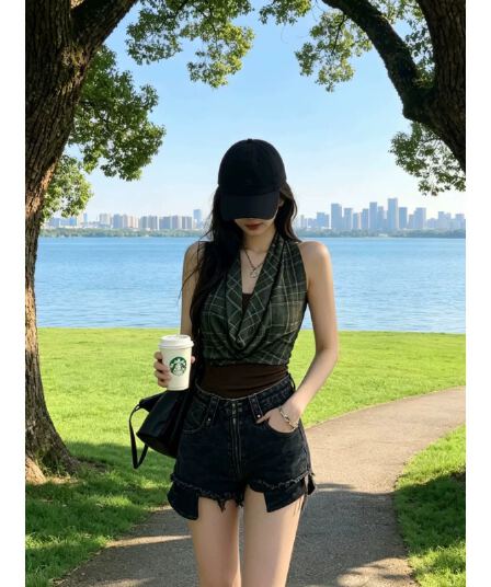 레트로 핫걸 바람 체크무늬 패치워크 행침 목 흔들다 칼라 조끼 여름 슬림해 보이는 민소매 슬립 쇼트 스타일 맨위