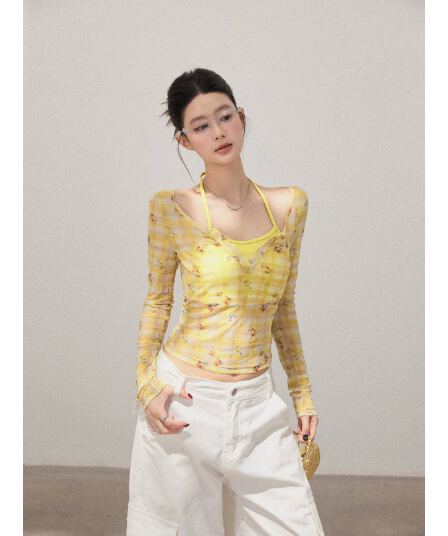 꽃무늬 체크무늬 페이크 레이어드 얇은 스타일 긴팔 티셔츠 여성 이른 가을 달콤한 자매 품격 패션 한국 스타일 몸매 가꾸기 맨위