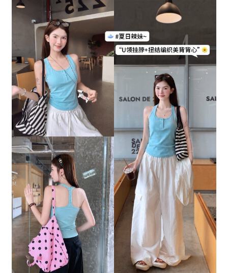 사람들 면 260 그램 파란색 행침 목 맨위 캐미솔 외출용 디자인 핫걸 착용 가져 가라. 슬림해 보이는