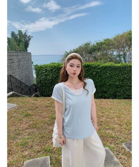 눈꽃 면 배색 페이크 레이어드 반팔 티셔츠 여름 캐주얼 루즈핏 다용도 긍정적 인 어깨 의류