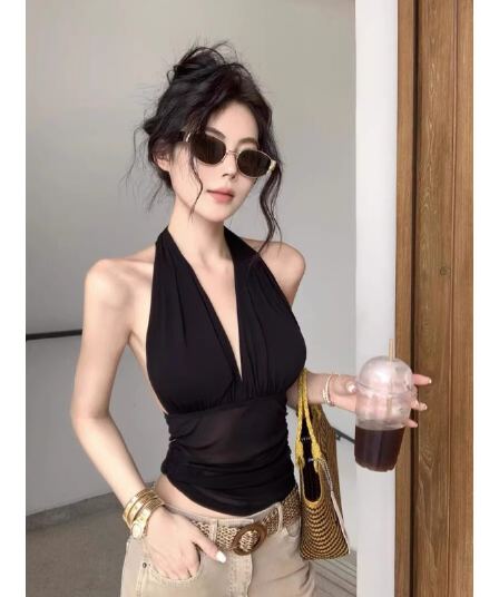 핫걸 바람 브라운 펌프 Pleat 행침 목 캐미솔 여름 아메리칸 섹시함 허리 수축 슬림해 보이는 쇼트 스타일 맨위
