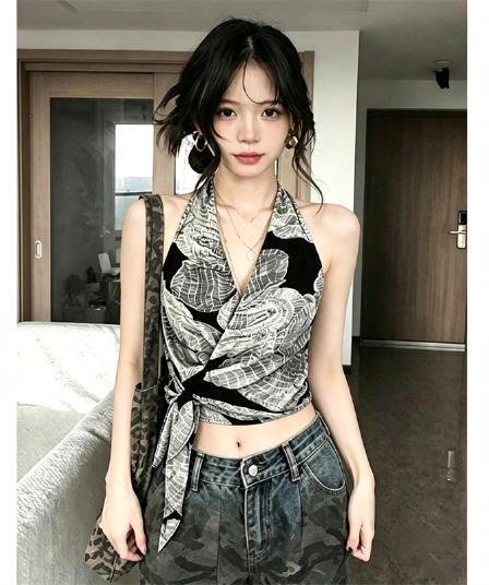 원본 품질 디자인 센스 행침 목 민소매 조끼 여성 여름 새로운 몸매 가꾸기 슬림해 보이는 핫걸 맨위