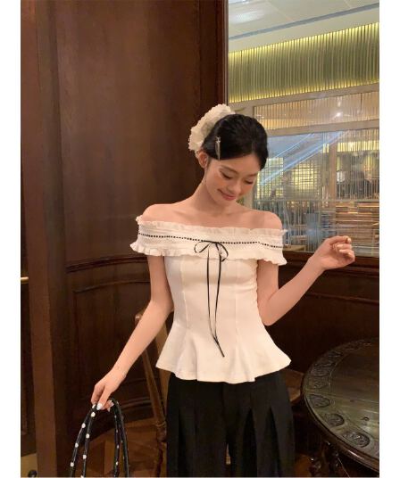 원본 원단 자카드 프랑스식 순수한 욕망 화이트 오프숄더 반팔 티셔츠 여성 여름 오프숄더 허리 수축 맨위