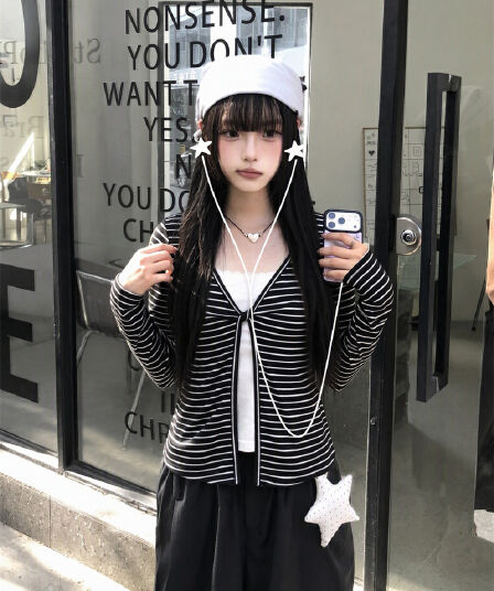 한 부서 chic 흑백 줄무늬 페이크 레이어드 긴팔 가을 몸매 가꾸기 슬림해 보이는 맨위