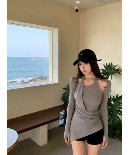 원본 품질 긴팔 티셔츠 한국 스타일 몸매 가꾸기 슬림해 보이는 맨위 디자인 센스 오프숄더 불규칙 맨위