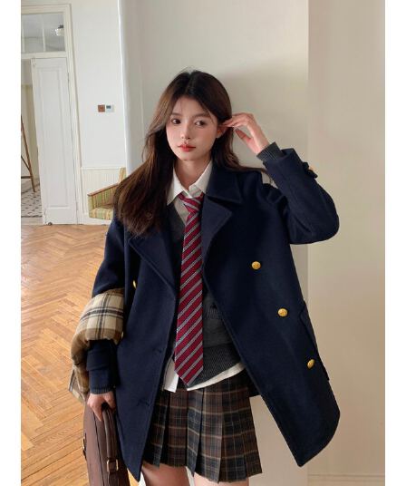 대 버튼 360 그램 재킷 가을 겨울 일본식 학원 스타일 모직 코트 여성 코트 편지 岚 대학교