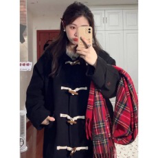 批发晨领有烫 双层帽 360克黑色牛角扣<b class='q'>大</b>衣女冬季学院风连帽毛呢外套